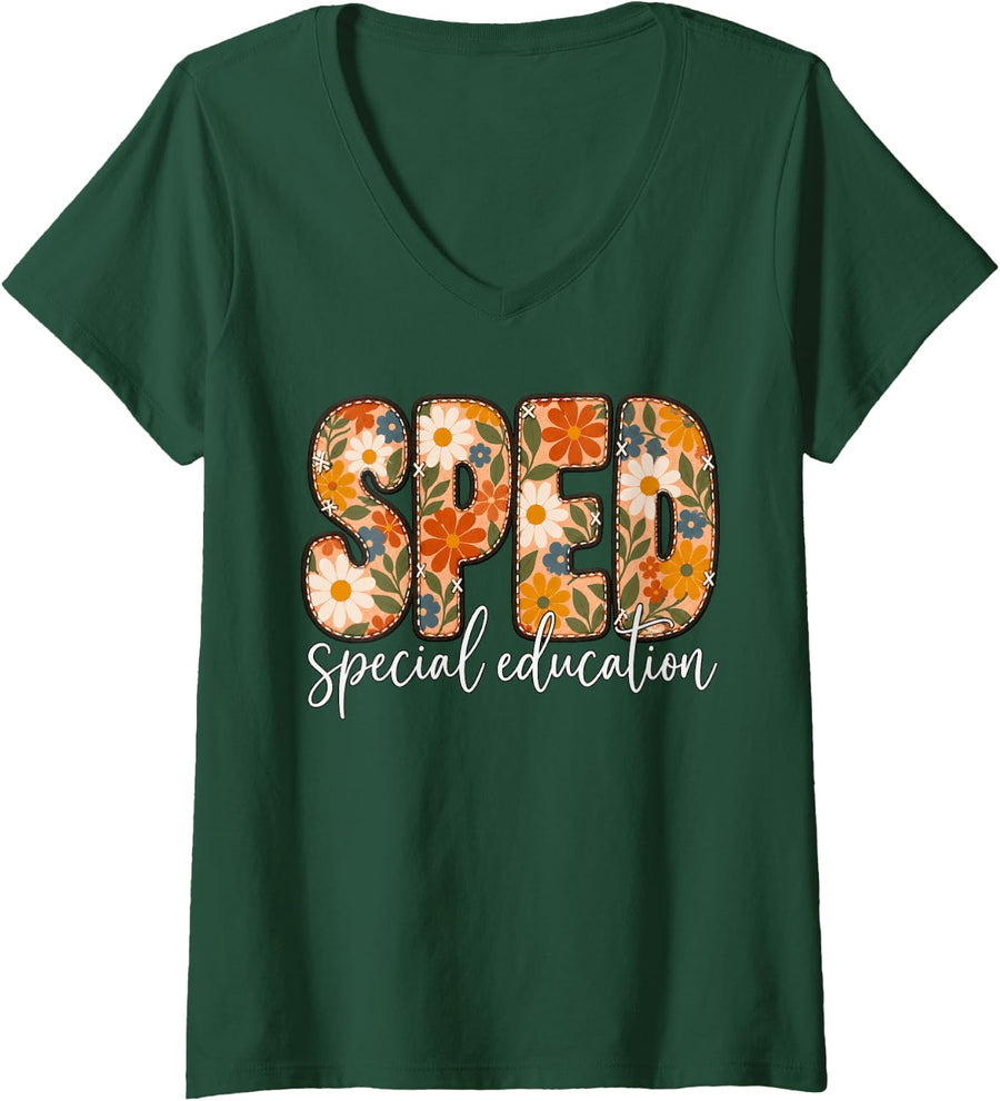 Women's Special Education Teacher Sped Squad SPED Teacher V-Neck T-Shirt - Dark Green
