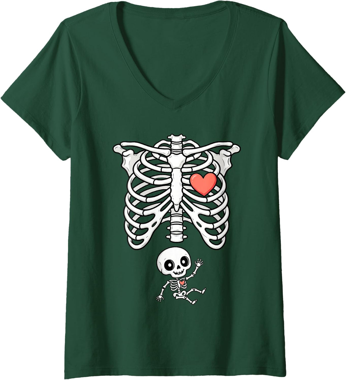 Women's Pregnant Skeleton Halloween Couple Baby Announcement Mom V-Neck T-Shirt - Dark Green