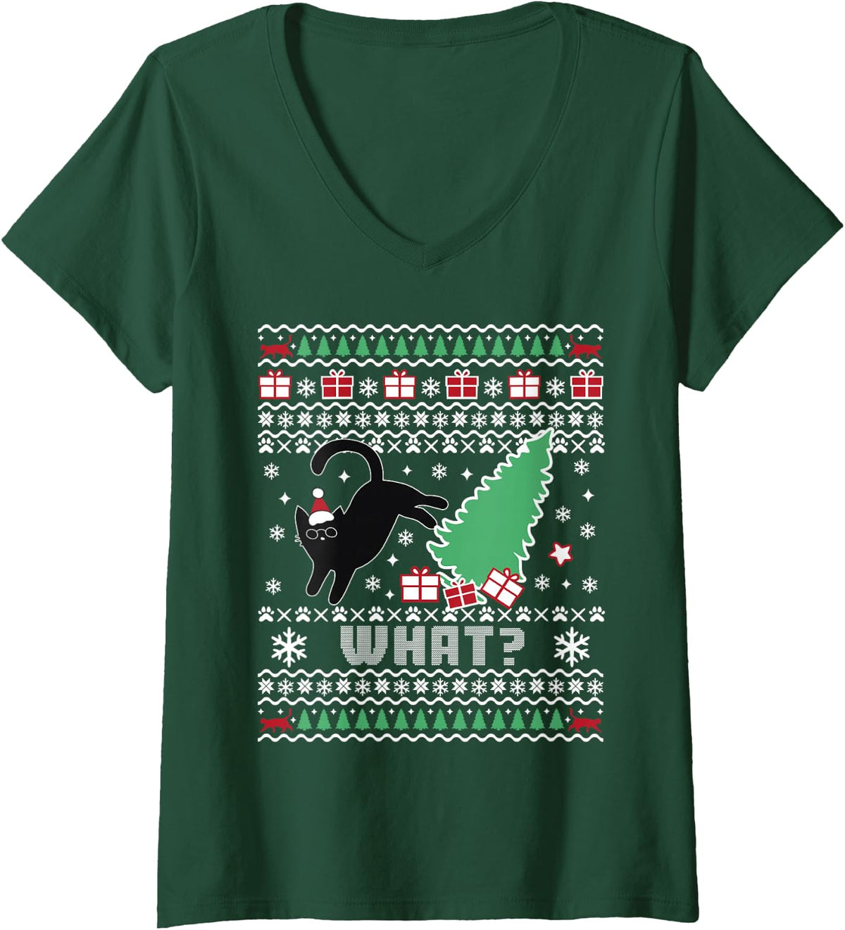 Women's Funny Black Cat Pushing Christmas Tree Over Cat What? Womens V-Neck T-Shirt - Dark Green