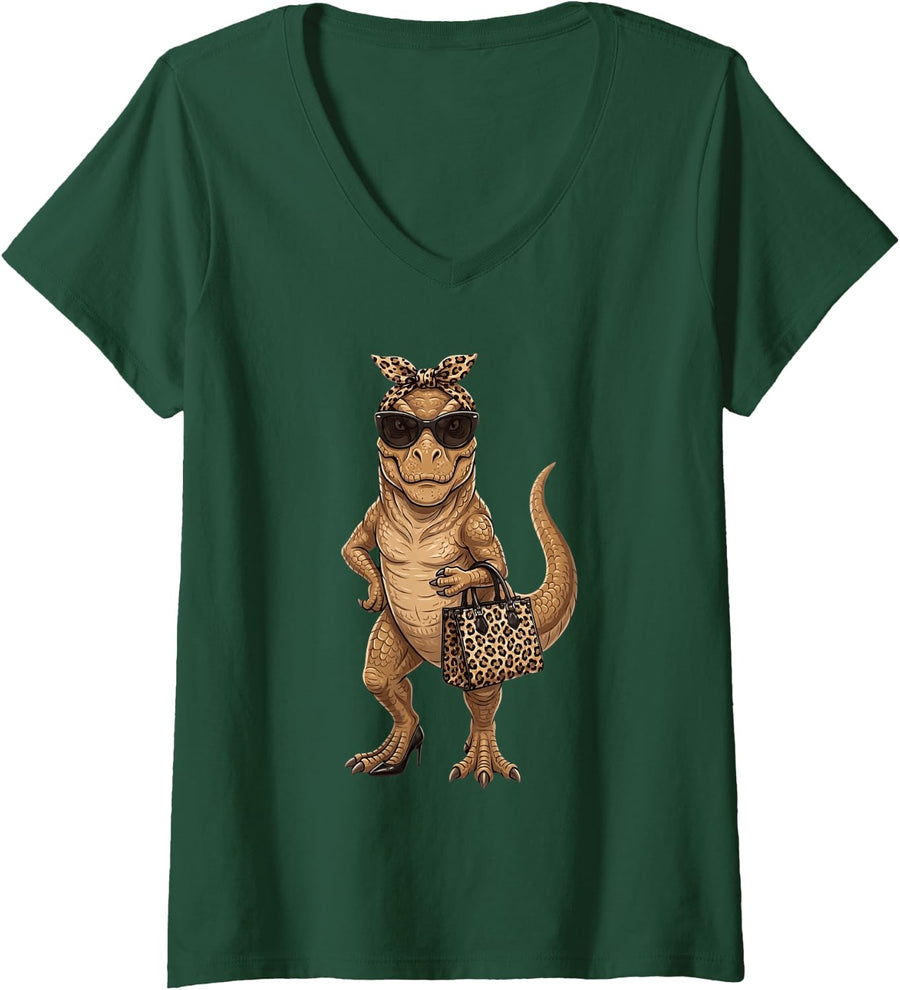 Women's T Rex Dinosaur Leopard Bow Sunglasses Graphic Women Girls V-Neck T-Shirt - Dark Green