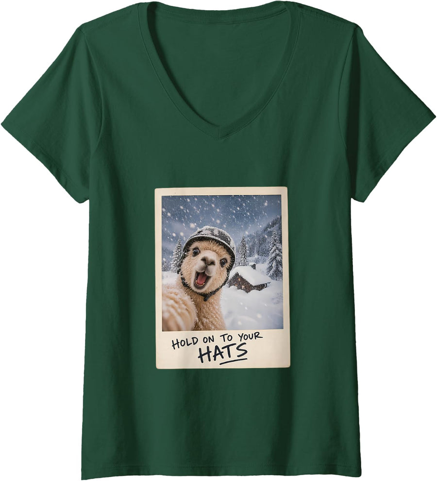 Women's Hold On to Your Hats Alpaca Selfie Funny Weather V-Neck T-Shirt - Dark Green