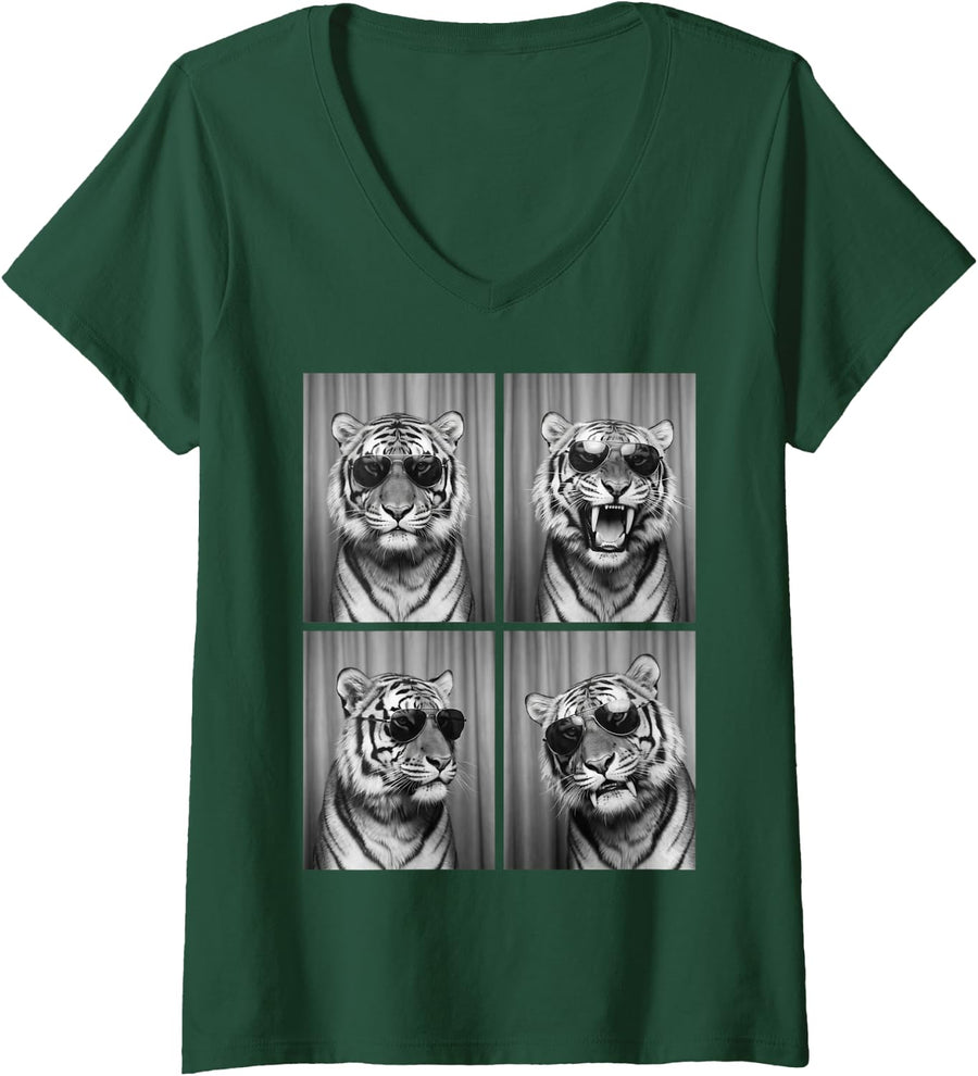 Women's Animal Smilodon Cute Picture Saber-Toothed Tiger V-Neck T-Shirt - Dark Green
