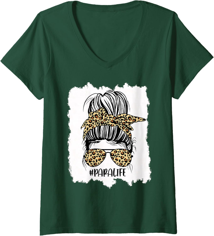 Women's Messy Bun Leopard Teacher para Life SPED Autism Paraeducator V-Neck T-Shirt - Dark Green