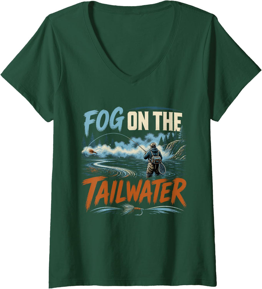 Women's Fog On The Tailwater Fly Fishing Trout Fishing Dry Fly V-Neck T-Shirt - Dark Green