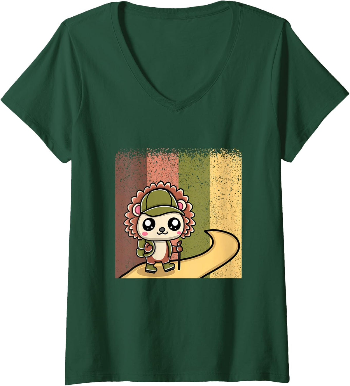 Women's Cute Distressed Hiking Hedgehog V-Neck T-Shirt - Dark Green