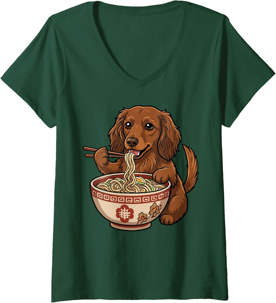 Women's Dachshund Eating Ramen Dog Trainer Long Haired Dachshund V-Neck T-Shirt - Dark Green