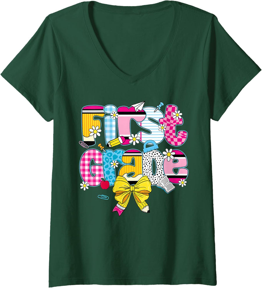 Women's First Grade First Day of School 1st Grade Teacher Kid V-Neck T-Shirt - Dark Green