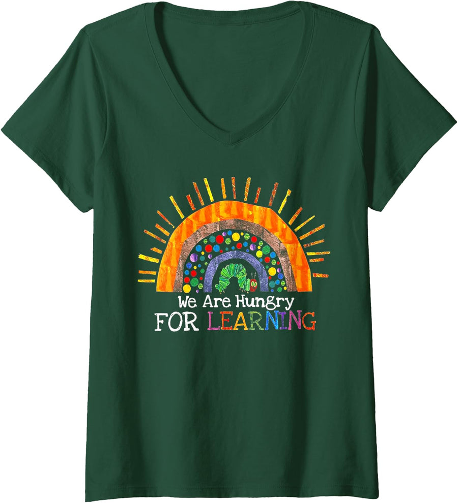 Womens We are Hungry for Learning V-Neck T-Shirt - Dark Green