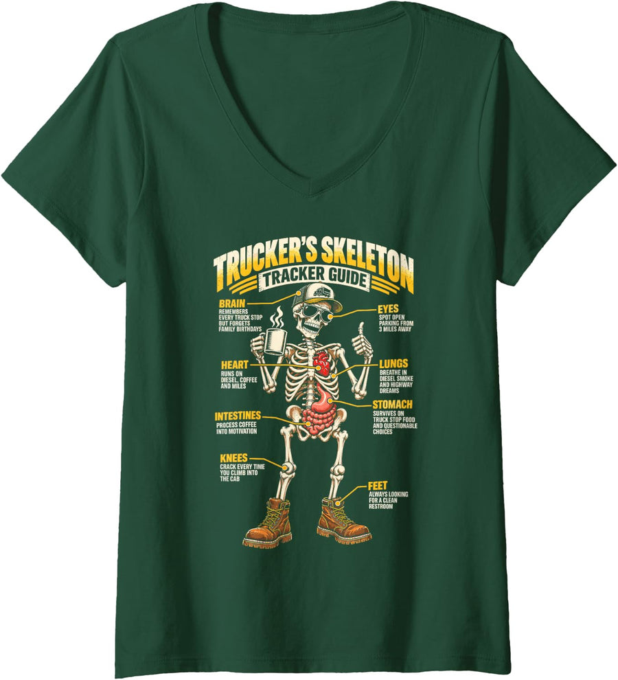 Women's Trucker Skeleton Halloween Funny Truck Driver Humor V-Neck T-Shirt - Dark Green