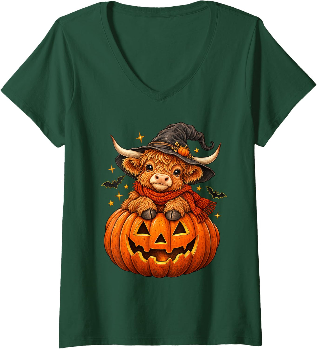 Women's Baby Highland Cow Halloween Witch Pumpkin - Cute Hairy Coo V-Neck T-Shirt - Dark Green