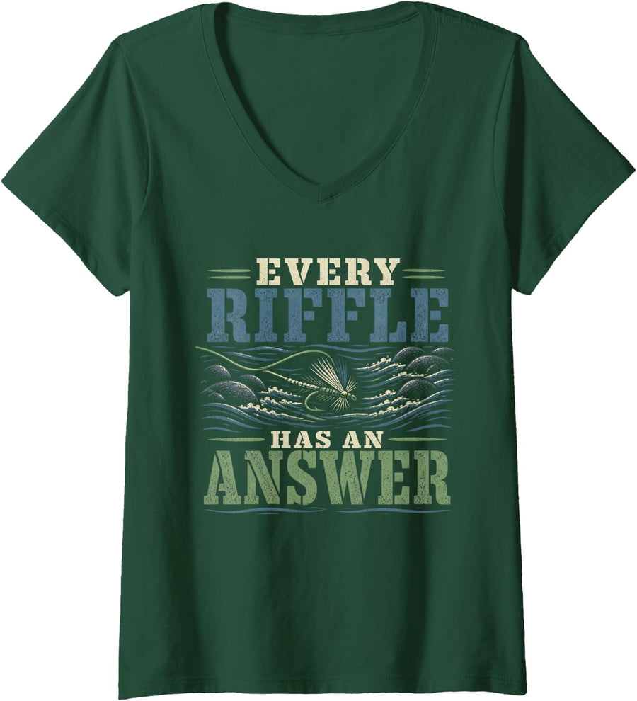 Women's Every Riffle Has an Answer Fly Fishing Trout Fishing Dry Fly V-Neck T-Shirt - Dark Green