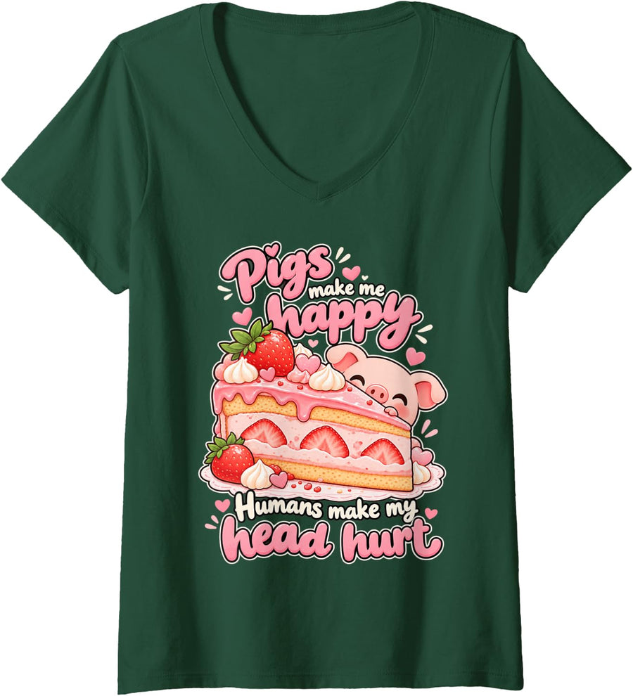 Women's Pigs Make Me Happy Kawaii Piglet Funny Piggy Cake Slice Pig V-Neck T-Shirt - Dark Green
