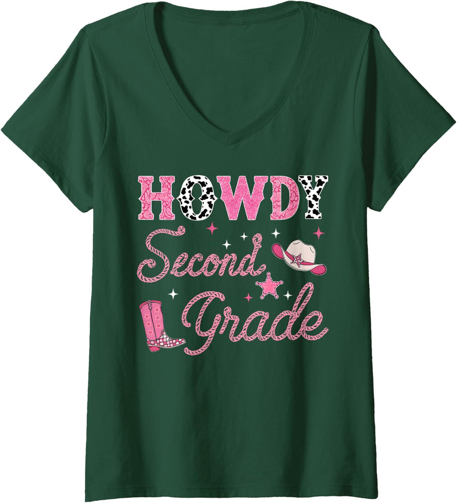 Women's Howdy Second Grade Back to School Teacher Girl Western Rodeo V-Neck T-Shirt - Dark Green