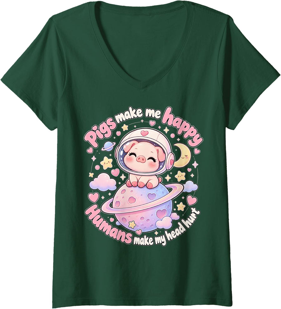 Women's Pigs Make Me Happy Kawaii Piglet Funny Piggy Moon V-Neck T-Shirt - Dark Green