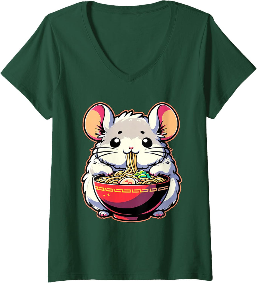Women's Kawaii Anime Chinchilla Ramen V-Neck T-Shirt - Dark Green