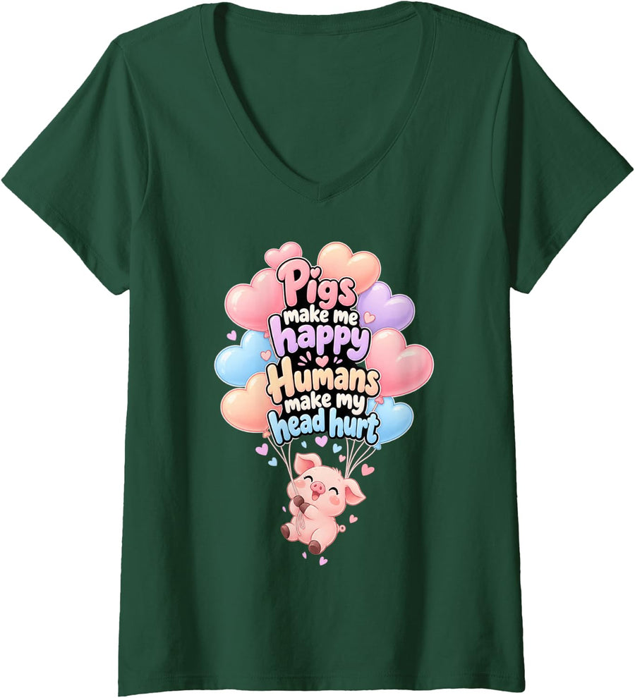 Women's Pigs Make Me Happy Kawaii Piglet Funny Piggy Balloon Pig V-Neck T-Shirt - Dark Green