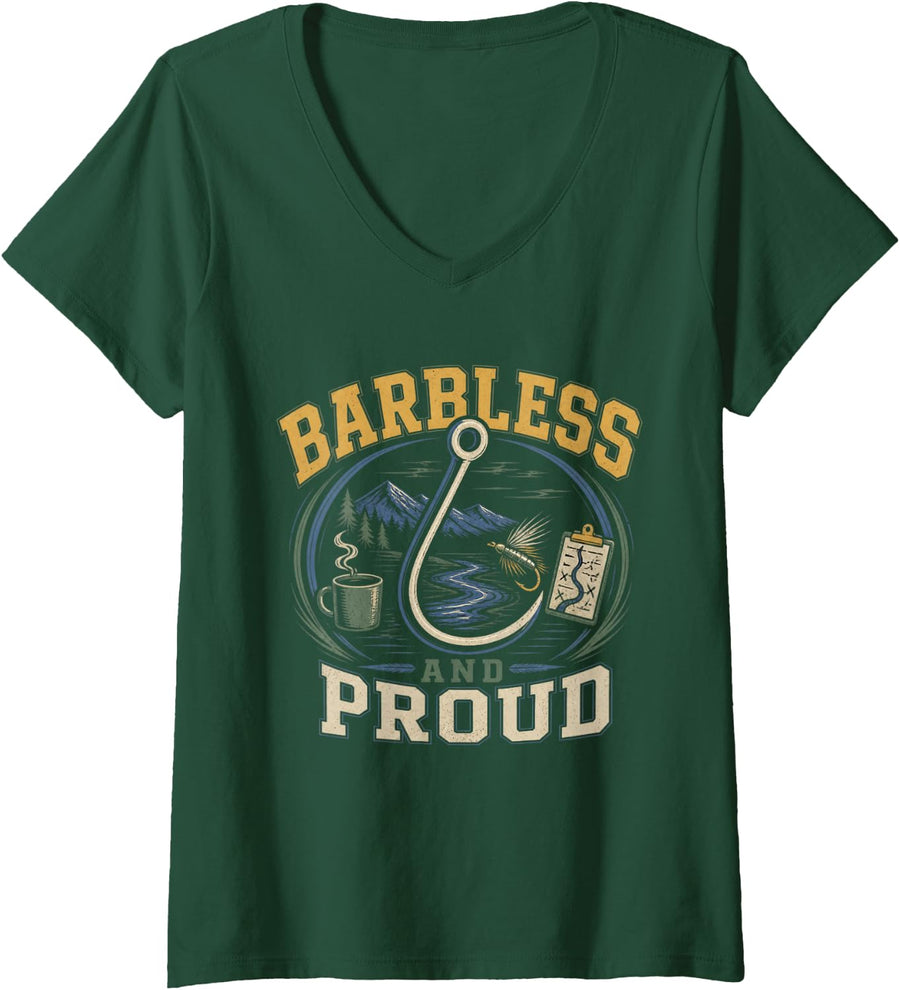 Women's Barbless and Proud Fly Fishing Trout Angler Dry Fly V-Neck T-Shirt - Dark Green