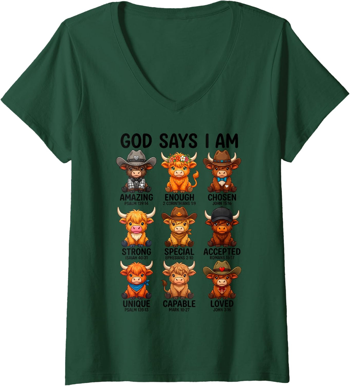 Women's God Says I Am Highland Cow Christian Religious Scottish Cow V-Neck T-Shirt - Dark Green