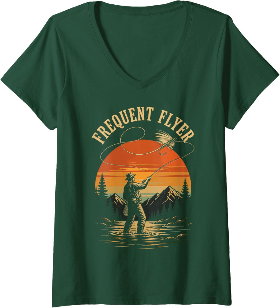 Women's Funny Fly Fishing Frequent Flyer Trout Fly Casting V-Neck T-Shirt - Dark Green
