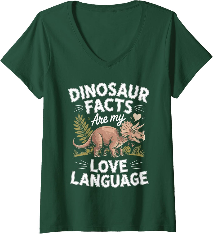 Women's Dinosaur Facts are My Love Language Paleontology V-Neck T-Shirt - Dark Green