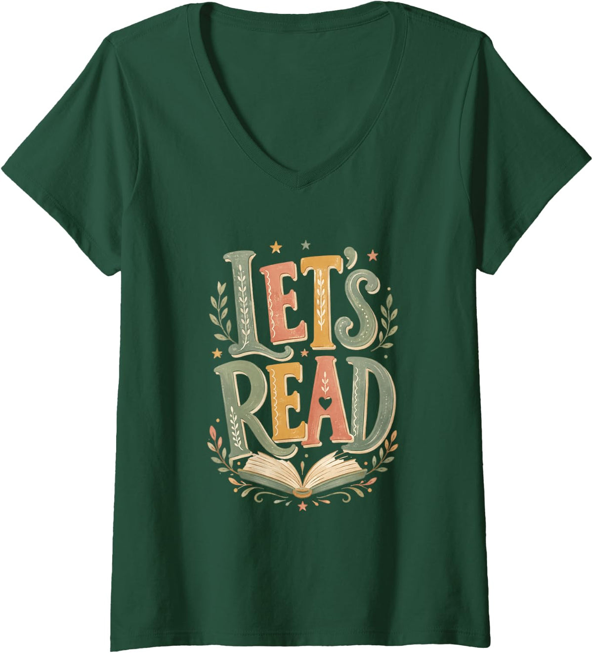 Women's Lets Read Book Lover Library Reading Teacher V-Neck T-Shirt - Dark Green
