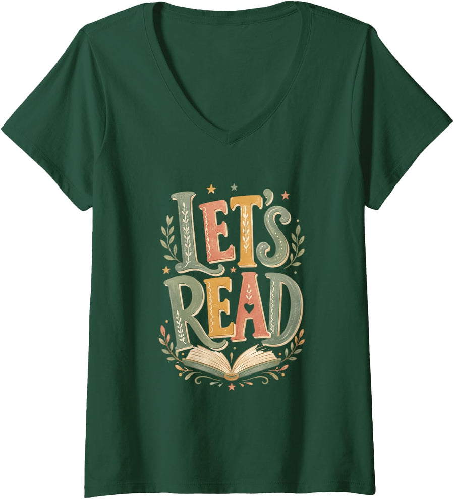 Women's Lets Read Book Lover Library Reading Teacher V-Neck T-Shirt - Dark Green