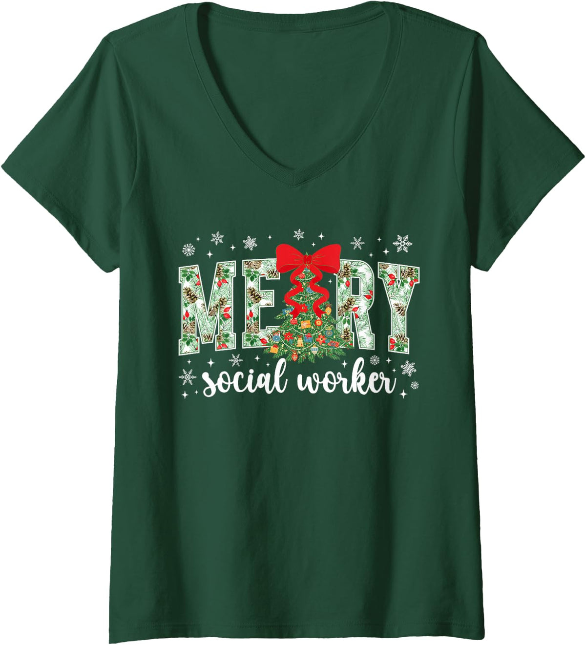 Women's Merry Social Worker Christmas Social Workers Xmas Party Bow V-Neck T-Shirt - Dark Green