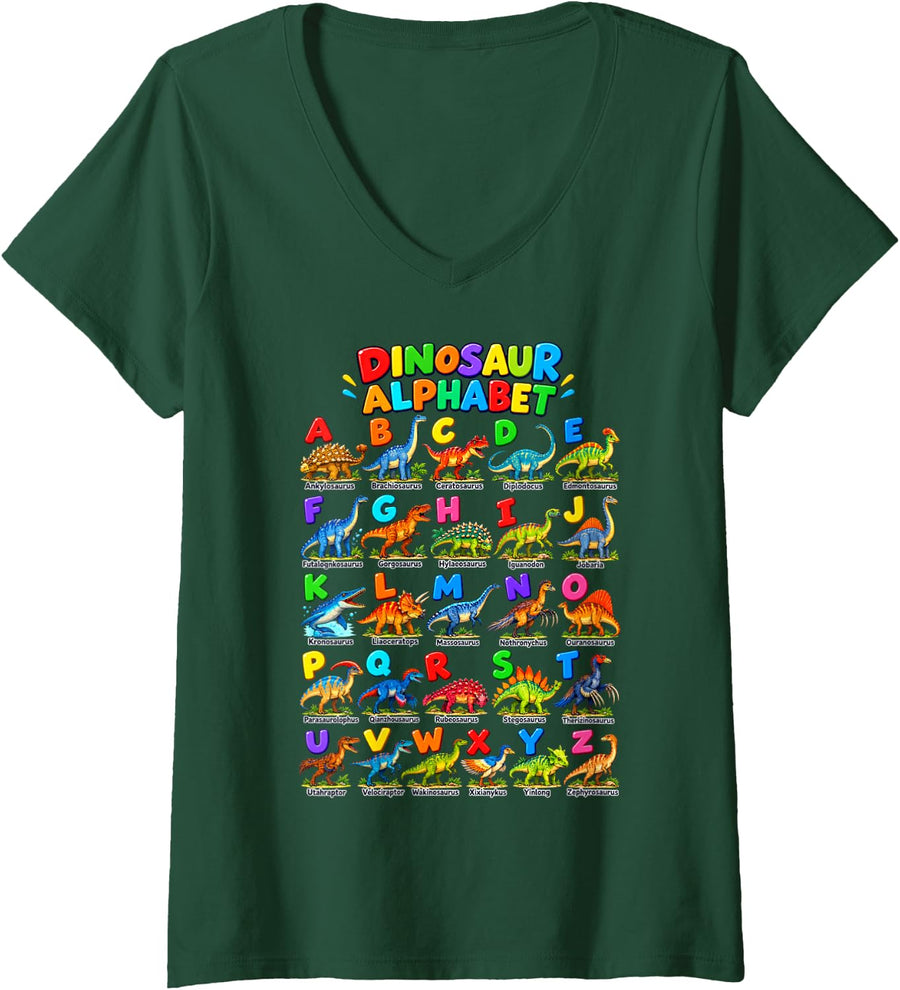 Women's Types of Dinosaurs Alphabet ABC Dinosaur Names Prehistoric V-Neck T-Shirt - Dark Green