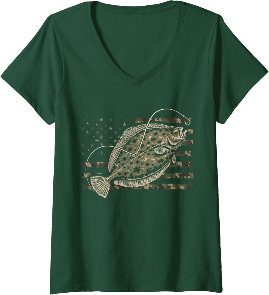 Women's Flounder Fishing Distressed Camo Flag V-Neck T-Shirt - Dark Green