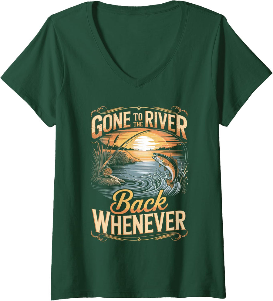 Women's Gone to The River Back Whenever Fly Fishing Angler Trout V-Neck T-Shirt - Dark Green