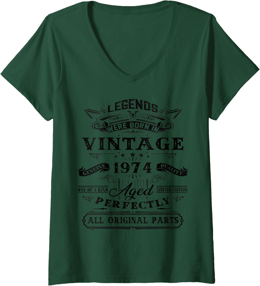 Womens 51st Birthday Gift For Legends Born 1974 51 Yrs Old Vintage V-Neck T-Shirt - Dark Green