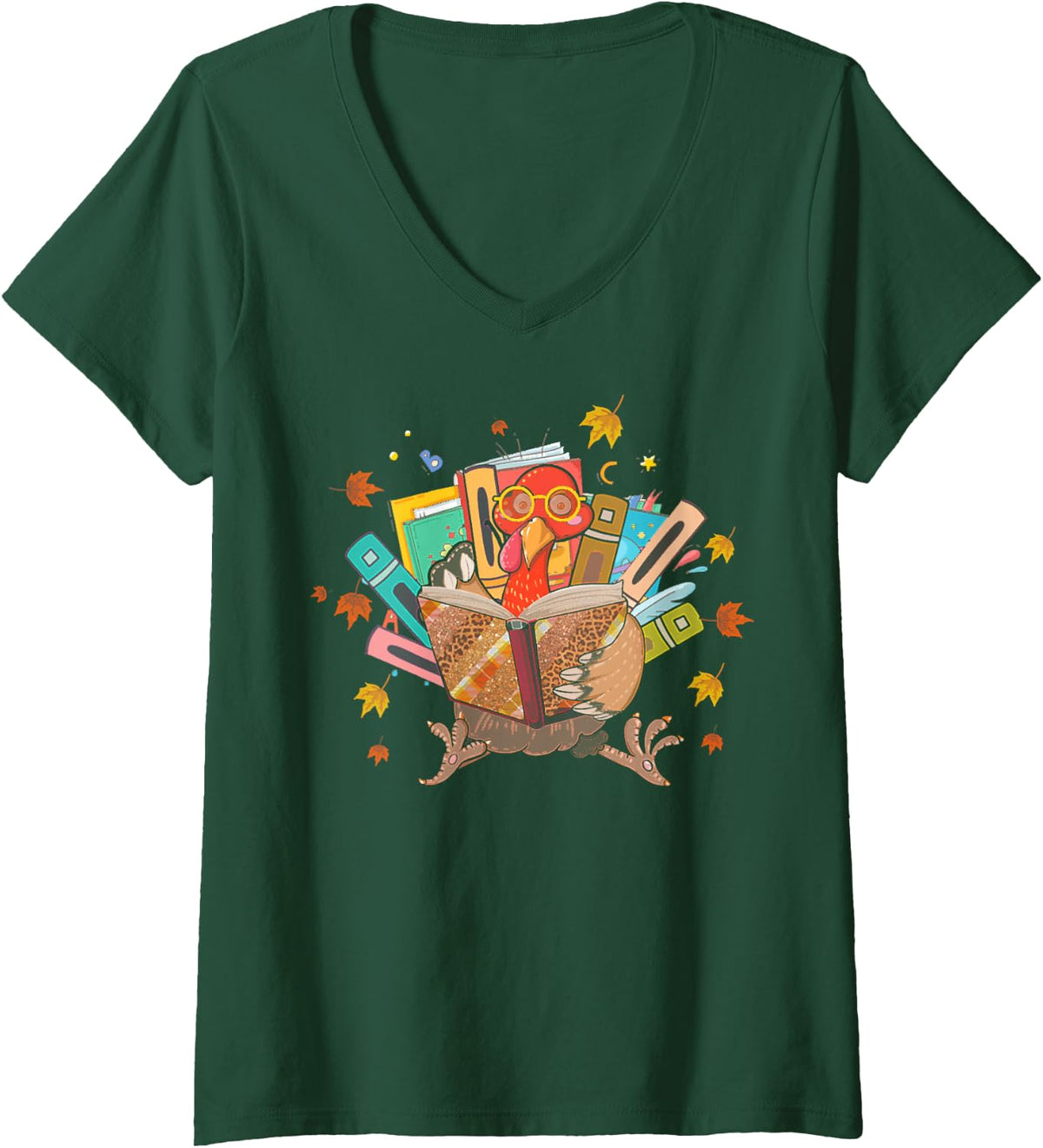 Women's Book Lover's Day in Turkey, Funny Thanksgiving Autumn Tees V-Neck T-Shirt - Dark Green