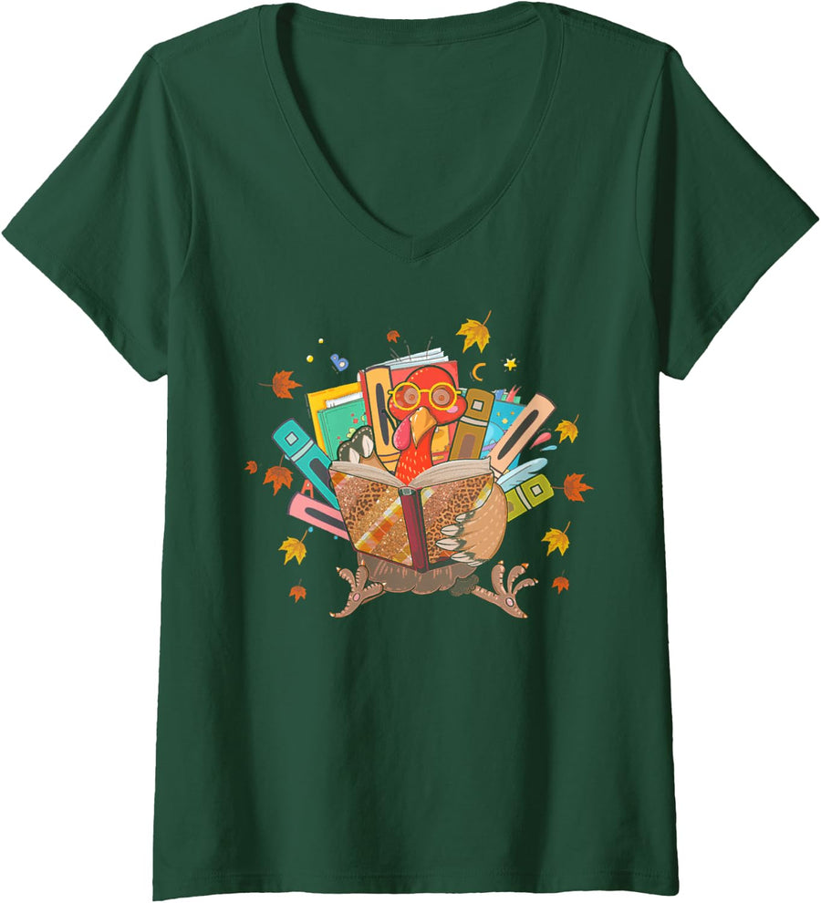 Women's Book Lover's Day in Turkey, Funny Thanksgiving Autumn Tees V-Neck T-Shirt - Dark Green