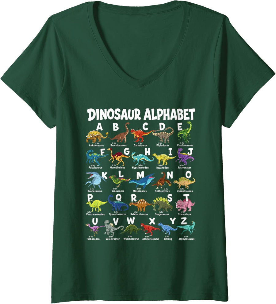 Women's Dinosaurs Alphabet Funny ABC Dino Identification Boys Girls V-Neck T-Shirt - Dark Green