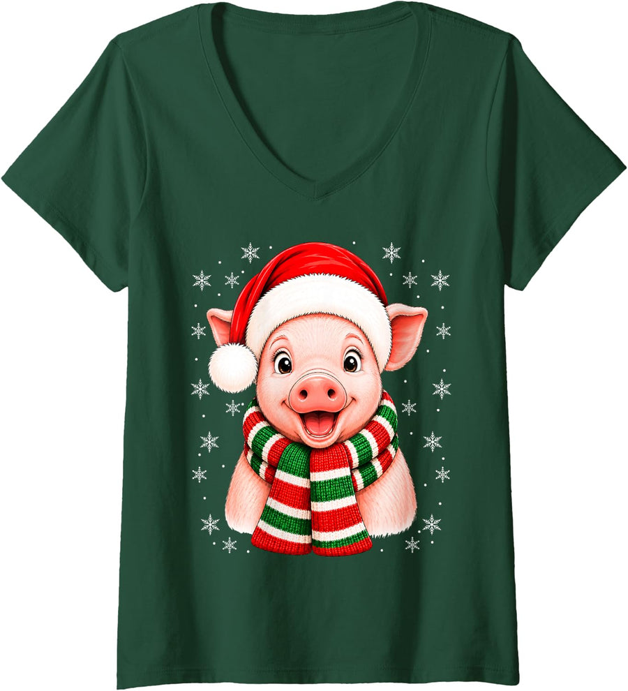Women's Pig Christmas Santa Hat Scarf Cute Pig Xmas Fun V-Neck T-Shirt - Dark Green