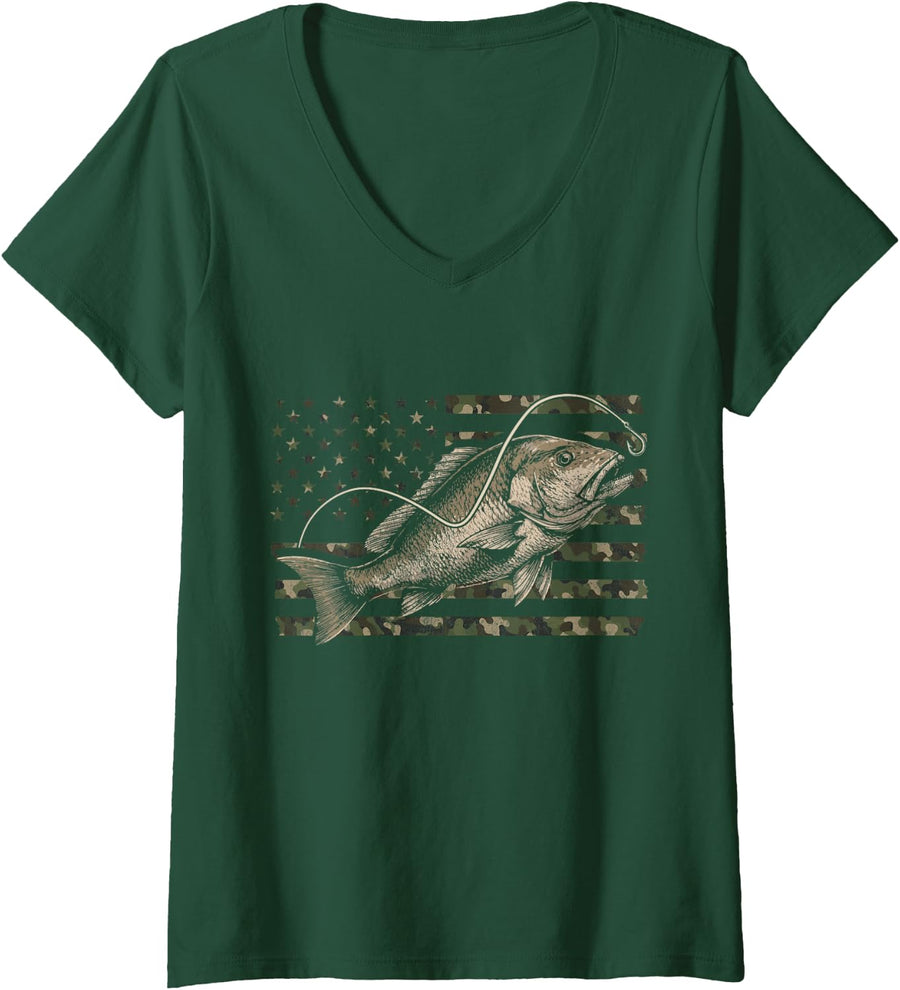 Women's Red Snapper Fishing Distressed Camo Flag V-Neck T-Shirt - Dark Green