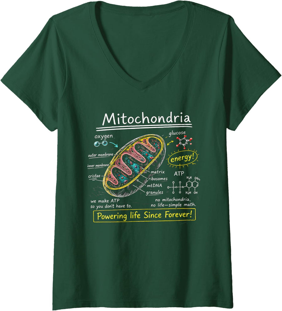 Women's Biologist Tshirt Mitochondria Cell Funny Gift Powerhouse Men V-Neck T-Shirt - Dark Green