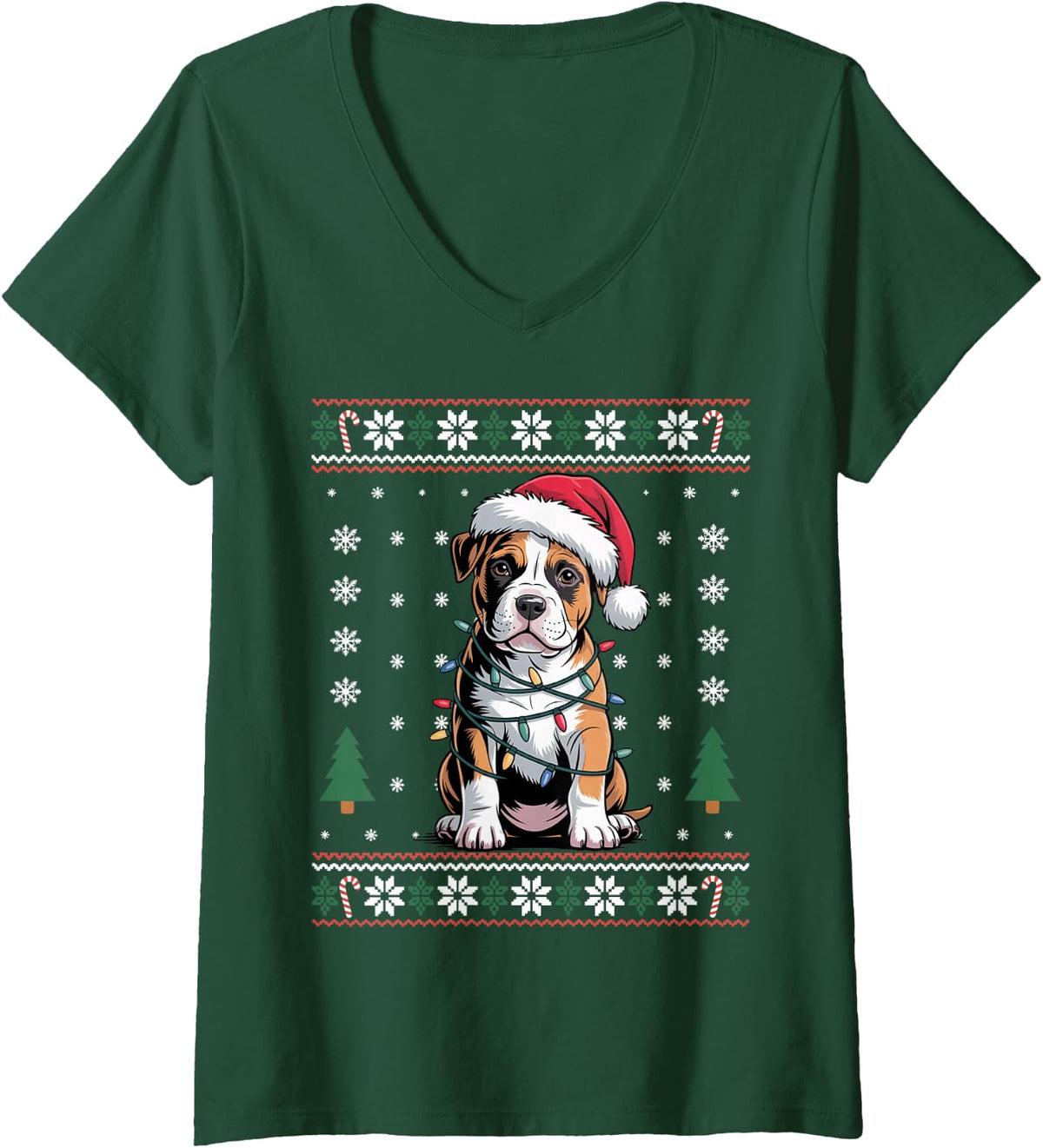 Women's Cute Funny Pitbull Puppy Christmas Lights Dog Mom Dad Lover V-Neck T-Shirt - Dark Green