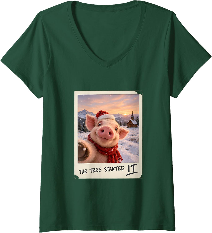 Women's The Tree Started It Christmas Pig Funny V-Neck T-Shirt - Dark Green