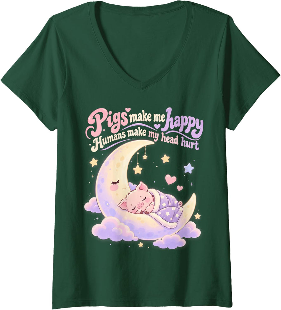Women's Pigs Make Me Happy Kawaii Piglet Funny Piggy Blanket Pig V-Neck T-Shirt - Dark Green