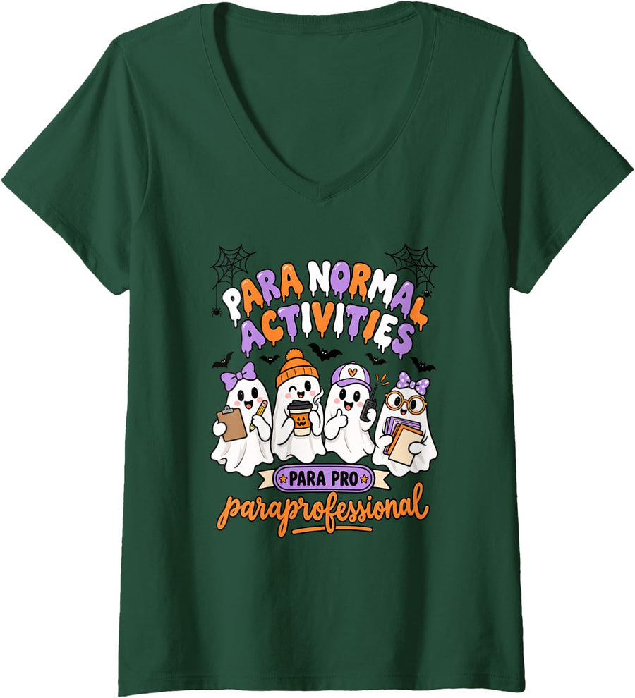 Women's para Normal Activities Paraprofessional Halloween Ghosts V-Neck T-Shirt - Dark Green