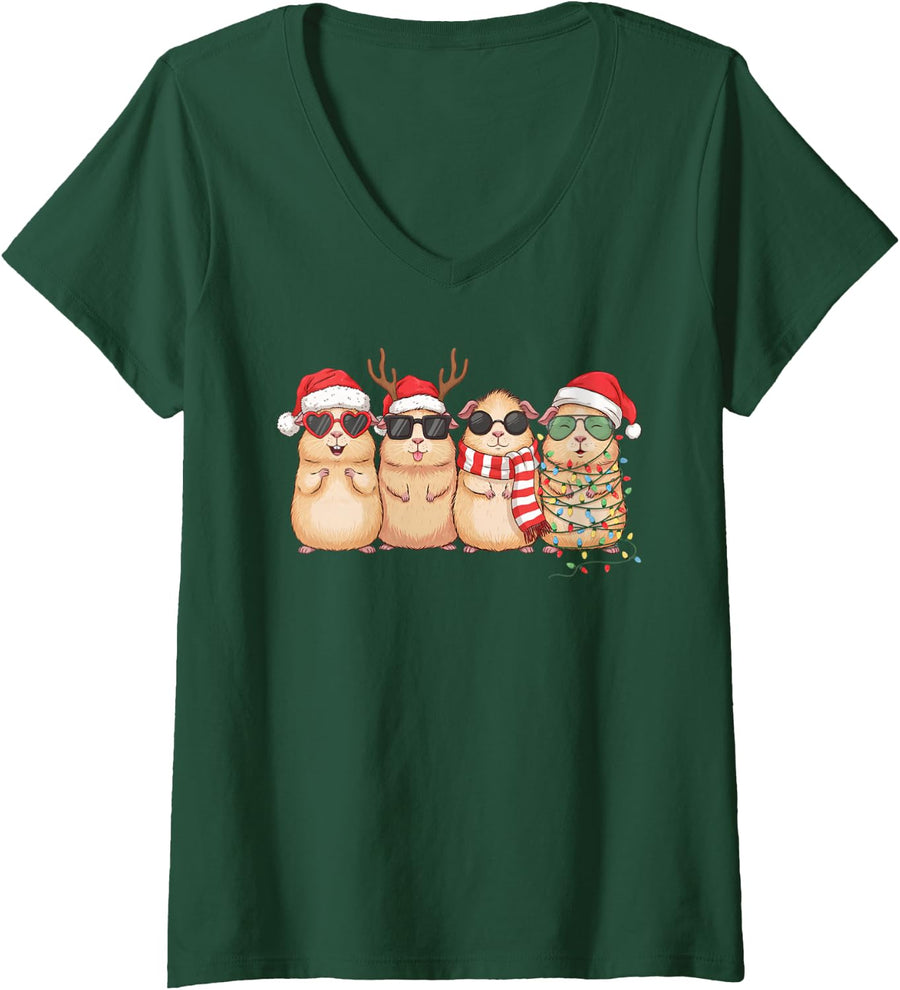 Women's Funny Guinea Pig Lover Santa Hat Christmas Lights Xmas Crew V-Neck T-Shirt - Dark Green