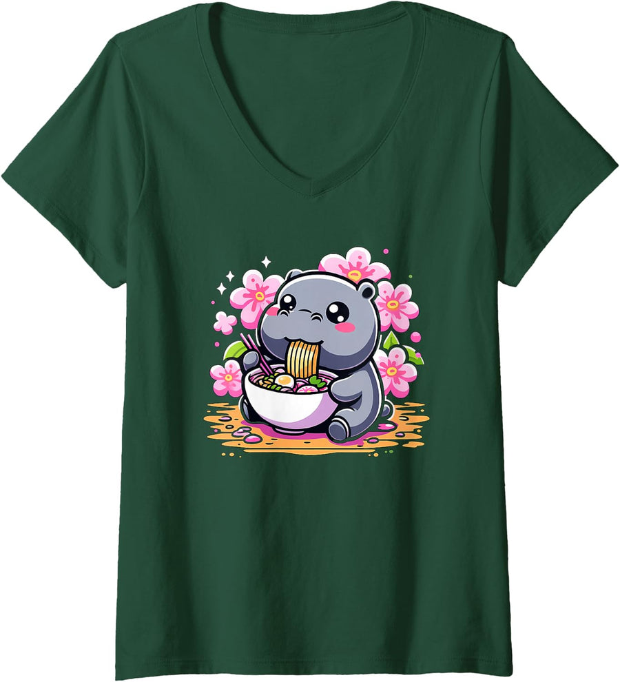 Women's Kawaii Hippo Eating Ramen V-Neck T-Shirt - Dark Green