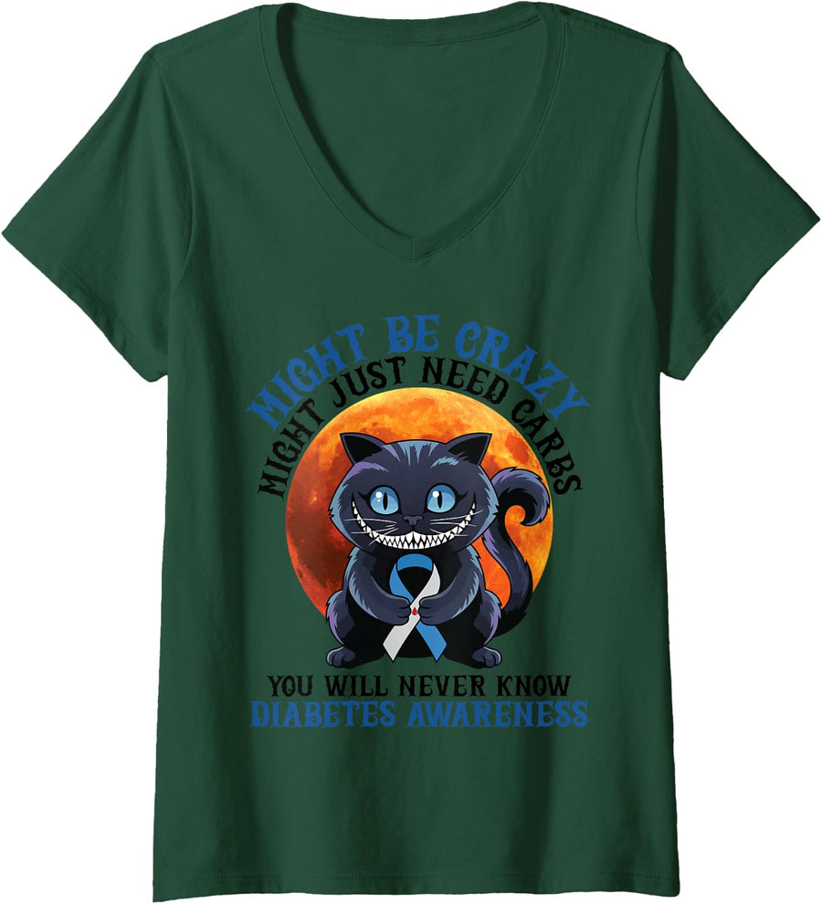 Women's Might Be Crazy Need Carbs Diabetes Awareness Black Cat Fight V-Neck T-Shirt - Dark Green