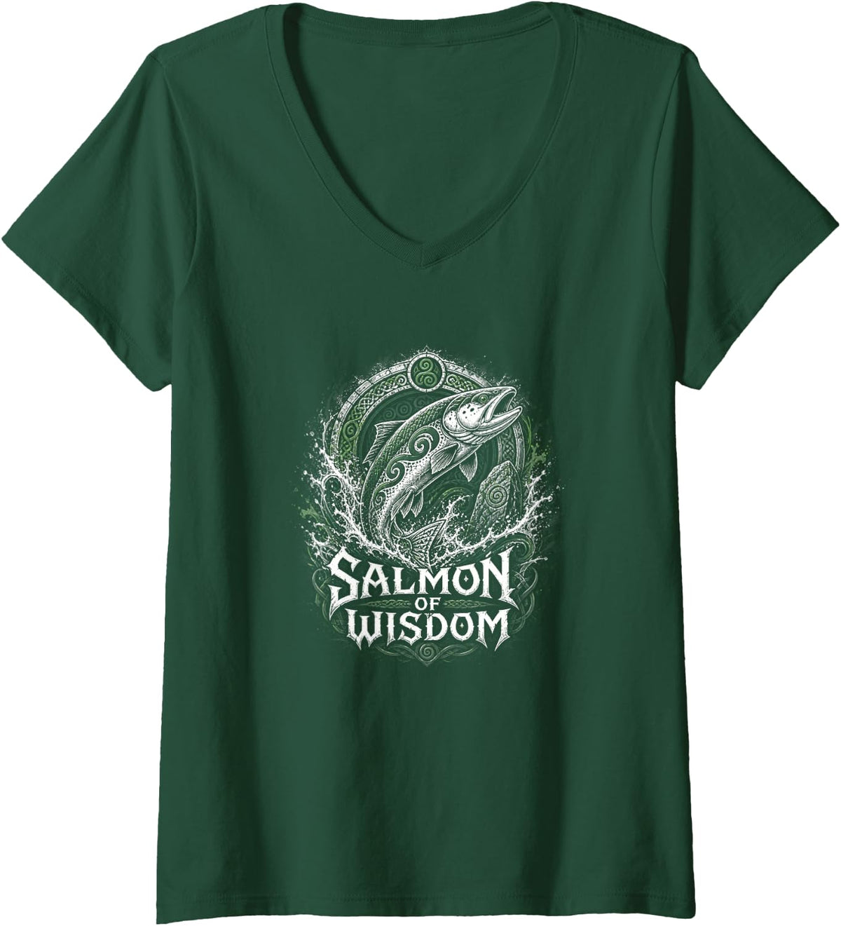 Women's Salmon of Wisdom Fly Fishing River Angler V-Neck T-Shirt - Dark Green