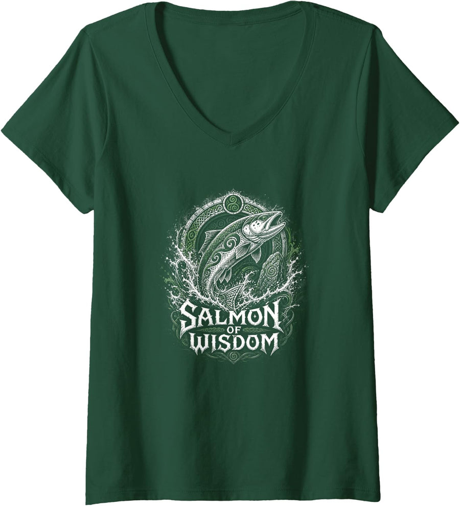 Women's Salmon of Wisdom Fly Fishing River Angler V-Neck T-Shirt - Dark Green