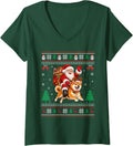 Women's Shiba Inu Dog Ugly Christmas Sweater Santa Riding Dog Xmas V-Neck T-Shirt - Dark Green