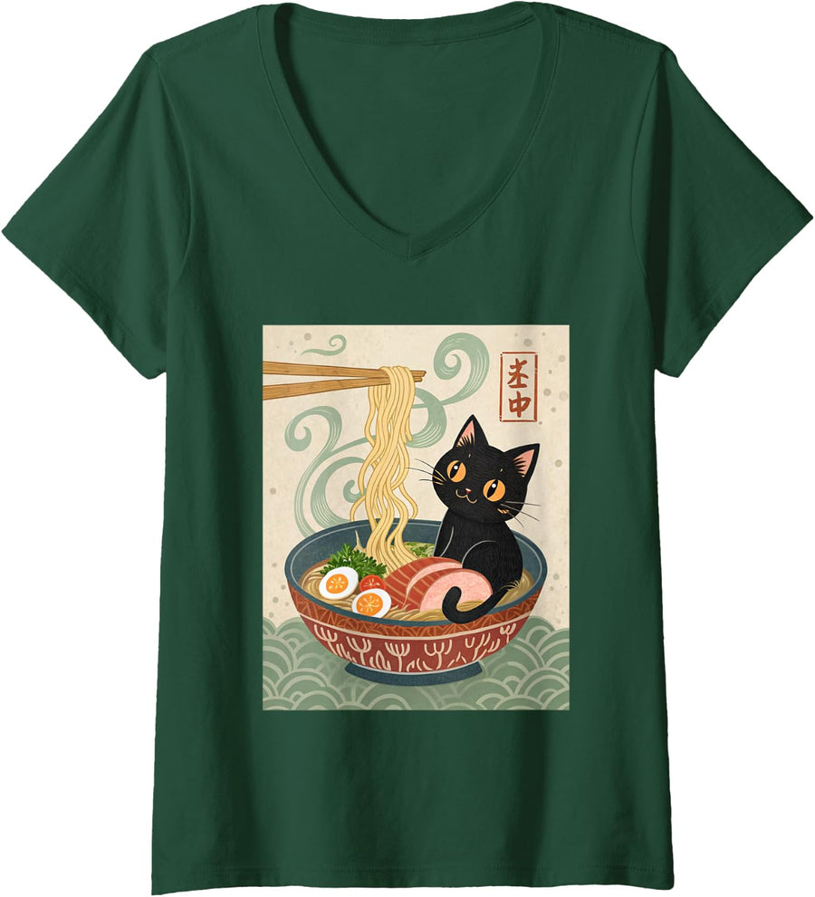Women's Black Cat with Bright Orange Eyes Ramen Cat Kawaii Japanese V-Neck T-Shirt - Dark Green