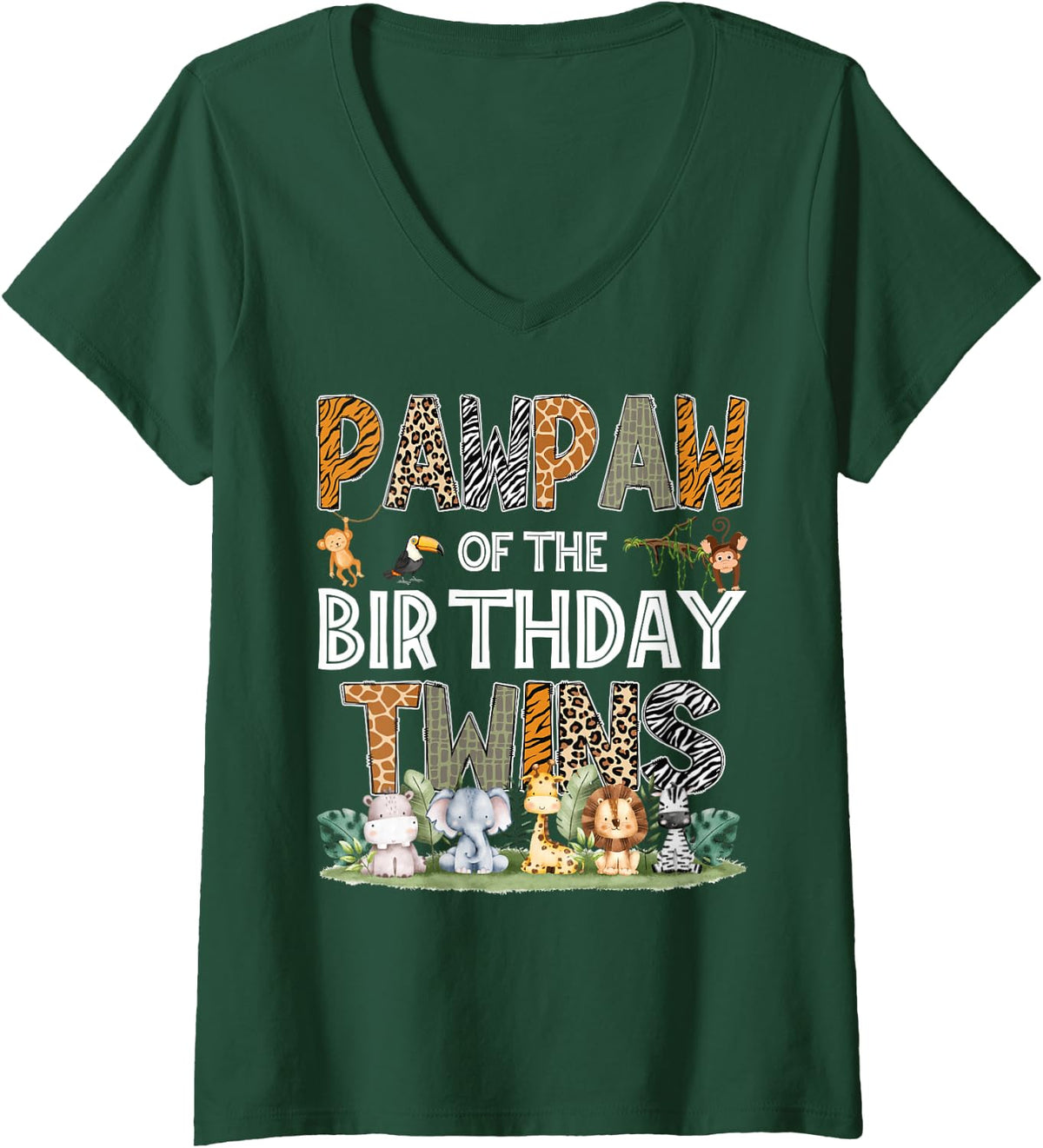 Women's Pawpaw of The Birthday Twins Safari Wild One Zoo Animal V-Neck T-Shirt - Dark Green