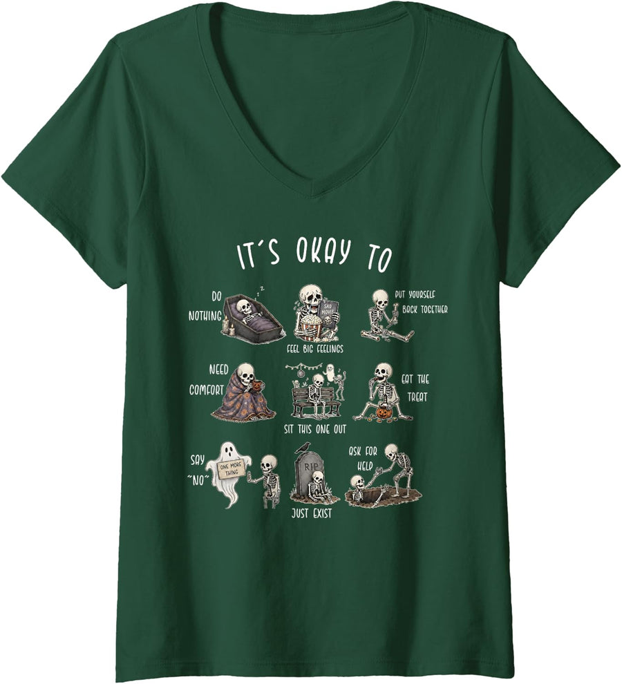 Women's It's Okay to Mental Health Skeleton Halloween Social Worker V-Neck T-Shirt - Dark Green
